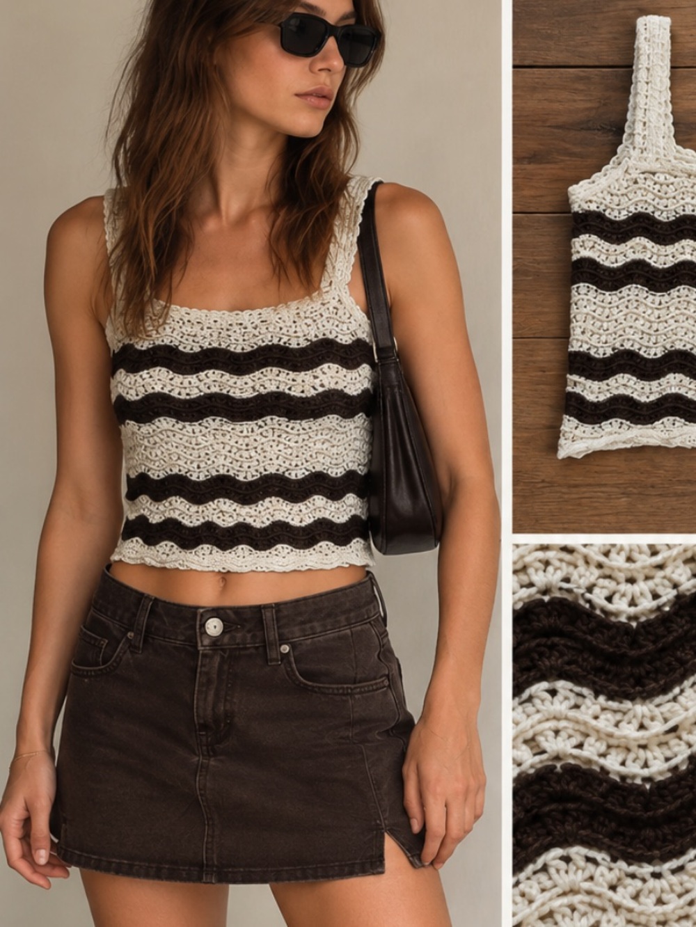 LOV Crochet Wave Stripe Crop Tank - White and chocolate brown xs